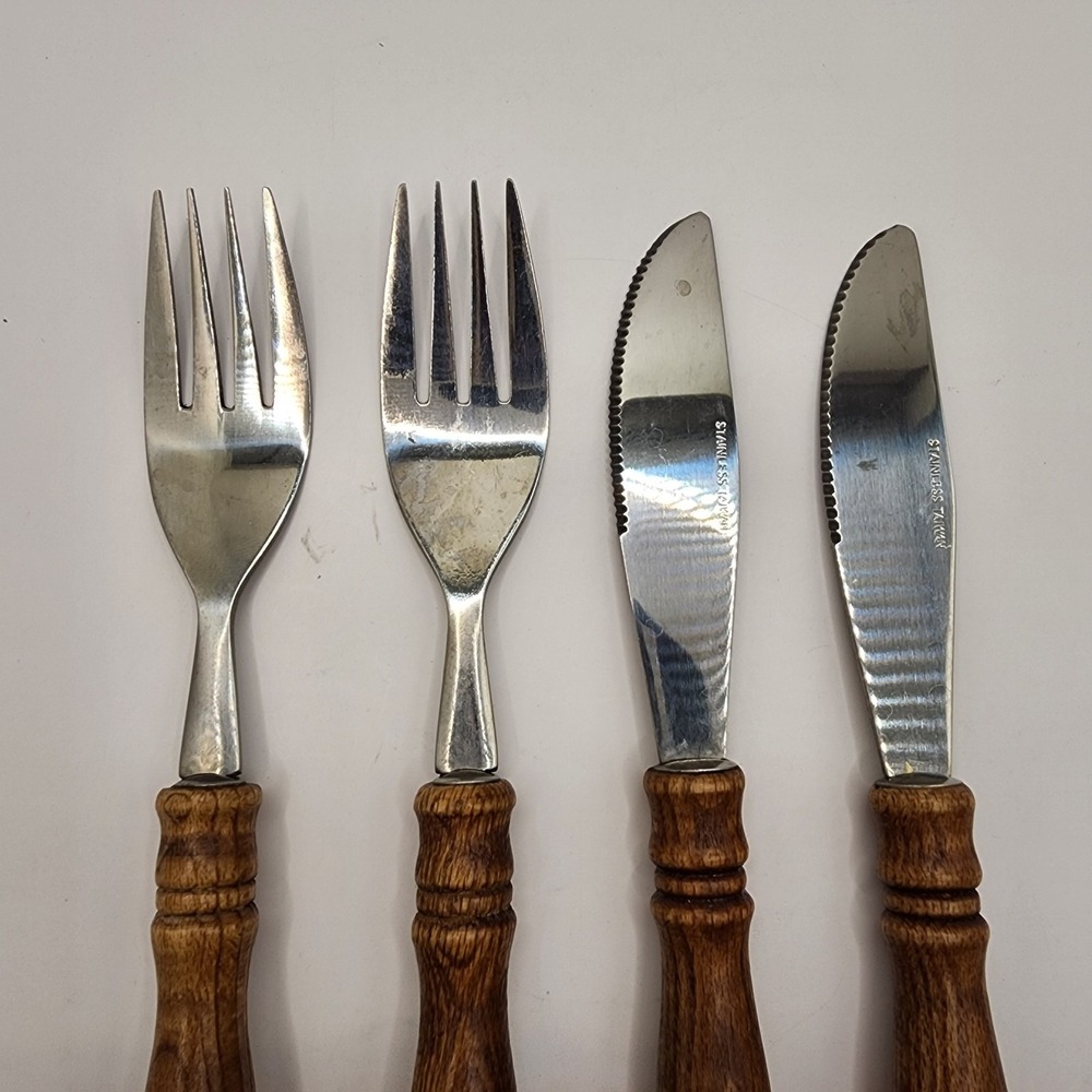 Vintage Old Homestead Stainless Steel Wood Handle Forks & Butter Knives Set of 4 - Picture 3 of 5